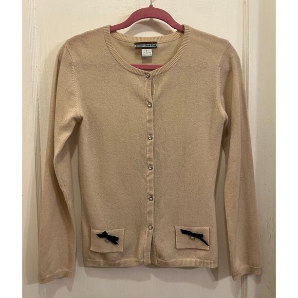 Prairie New York Beige Button Up Pocket Bow Cardigan Sweater  Women's Size Large - Picture 2 of 9